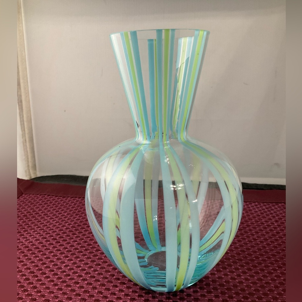 Striped Glass Vase with Blue and Green Accents vintage FTD Glass striped vase